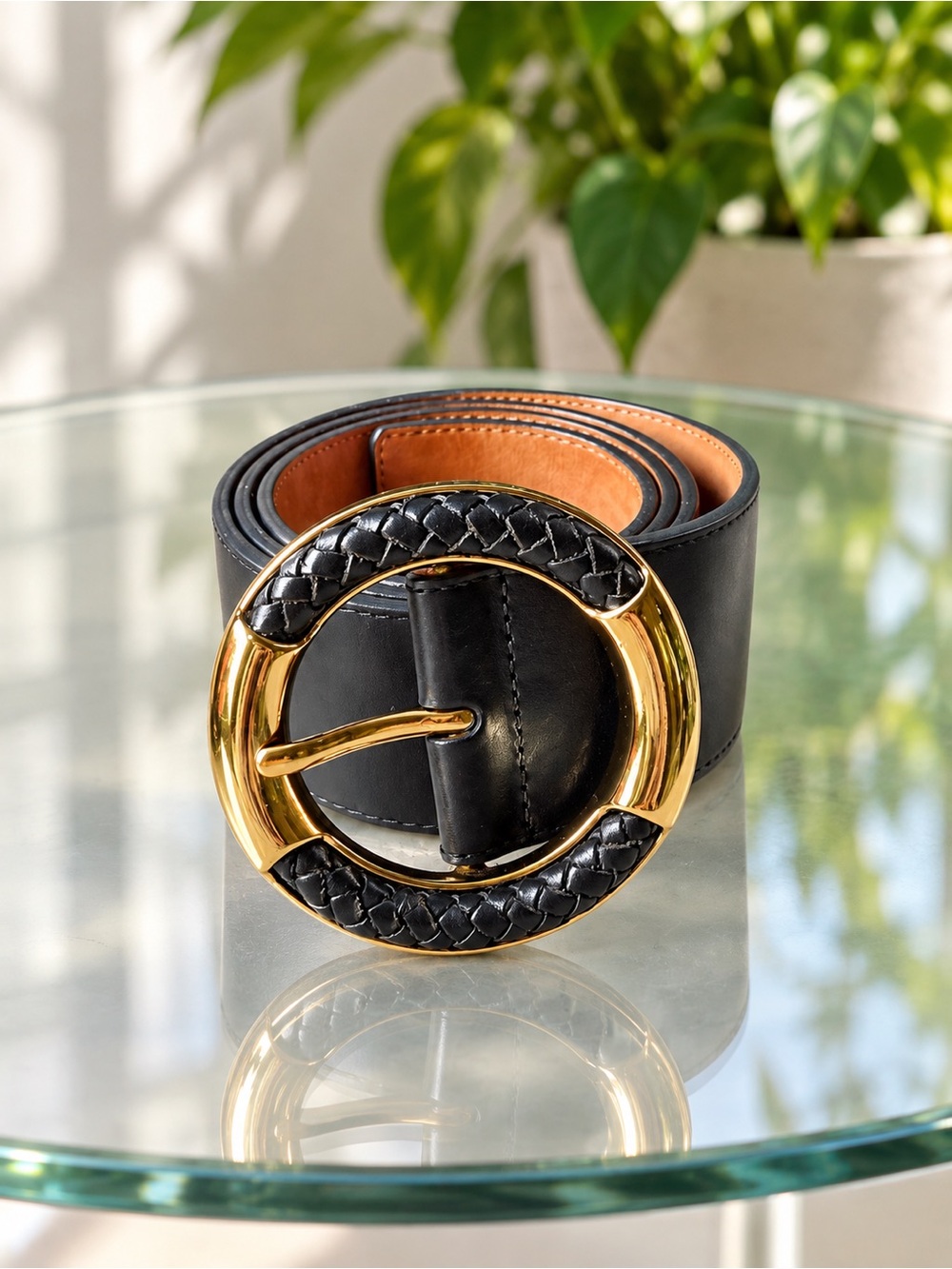 Cole Haan Black Leather Belt with Gold Braided Round Buckle